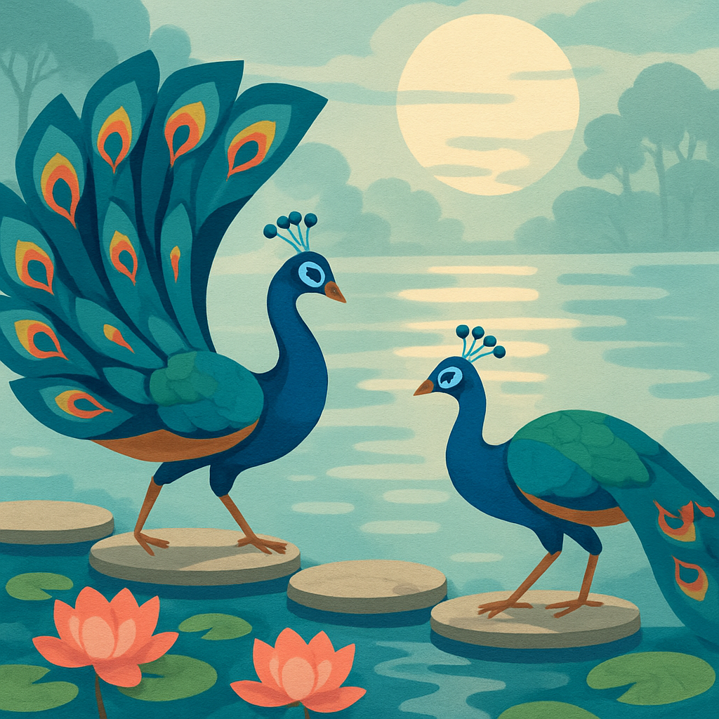 Moonlit Lotus Courtship With Peacock Numbered painting kits