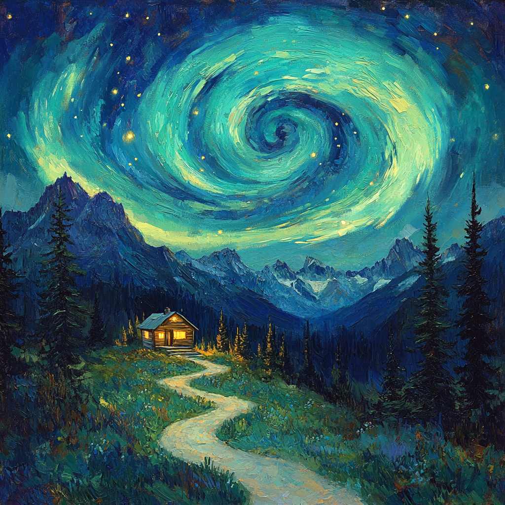 Van Gogh Inspired Aurora Mountain Pass paint by color