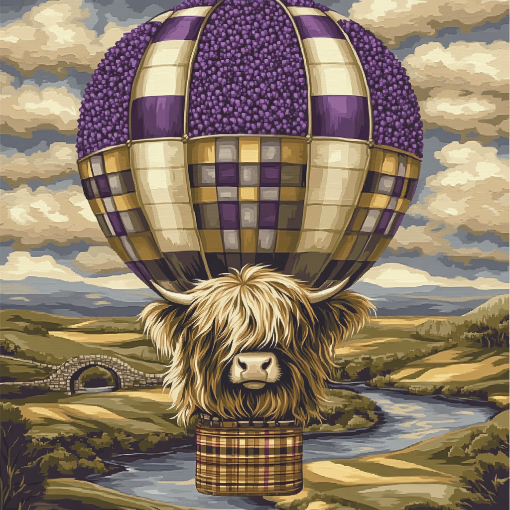 Highland Cow In Heather Hot Air Balloon Numbered painting kits