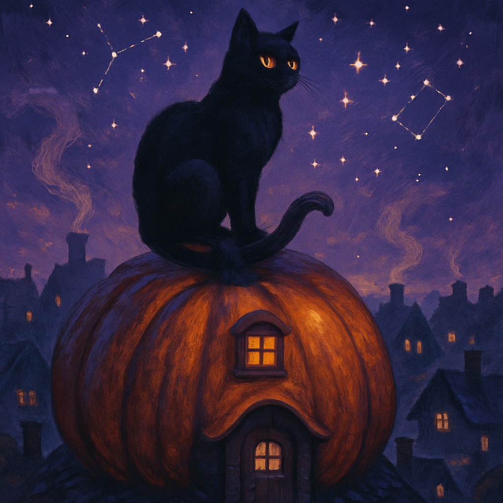 Black Cat Stargazer On The Pumpkin Roof paint by number