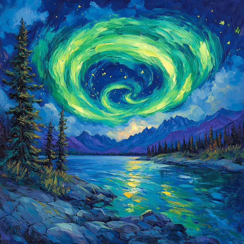 Van Gogh Inspired Aurora Over Mountain Lake paint by numbers