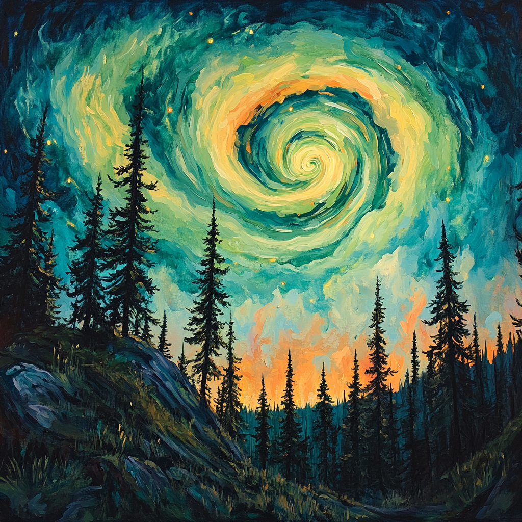 Edvard Munch Inspired Aurora Spiral Above A Whispering Pine Ridge DIY paint by numbers