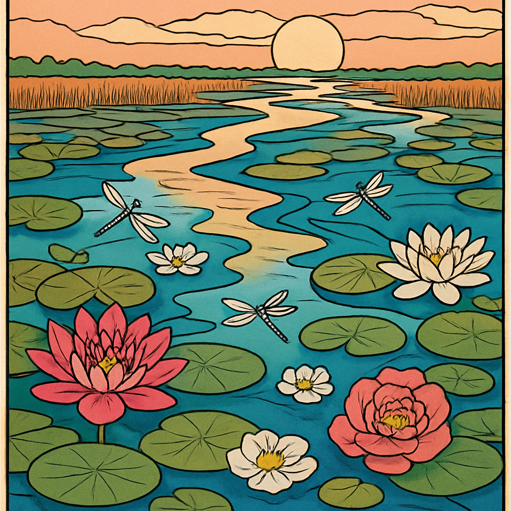 River Delta With Floating Flowers paint by numbers