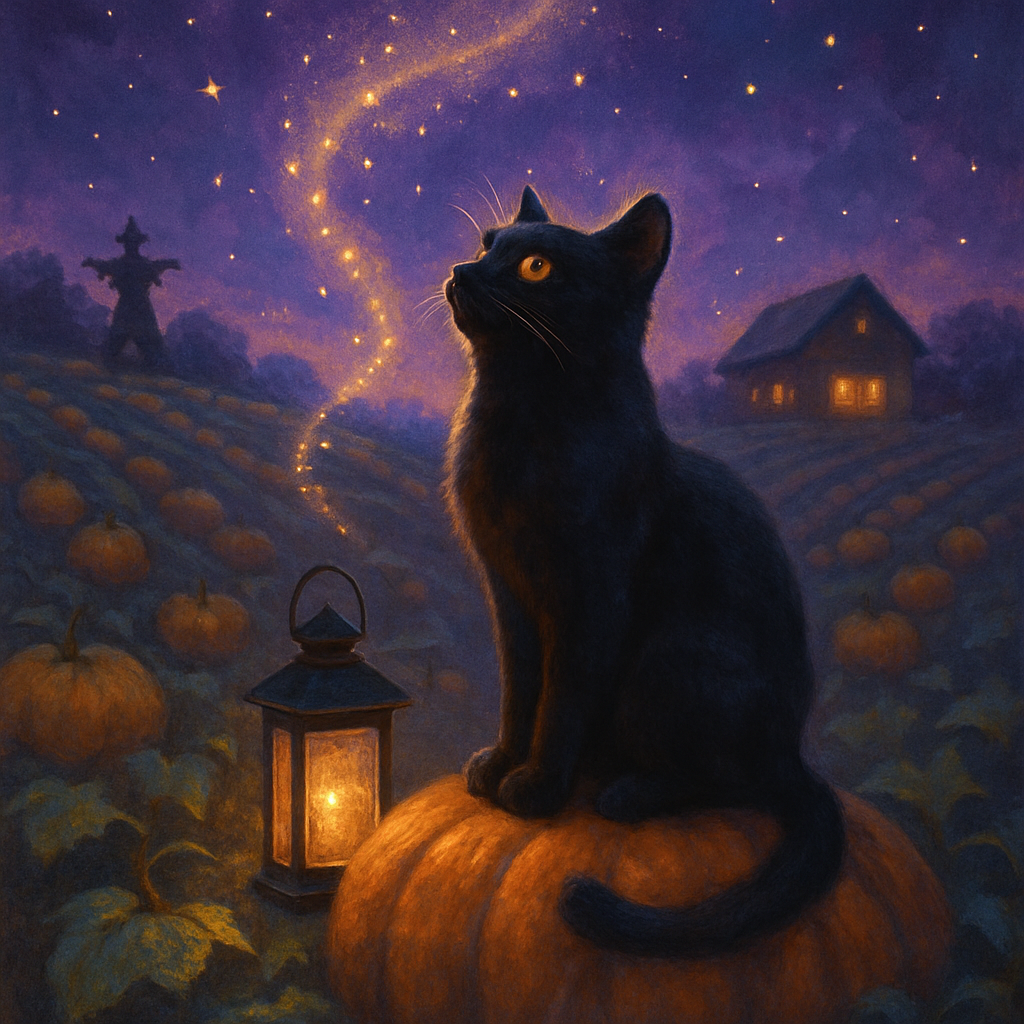Black Cat Stargazer On A Pumpkin Patch Hill Painting by numbers kit