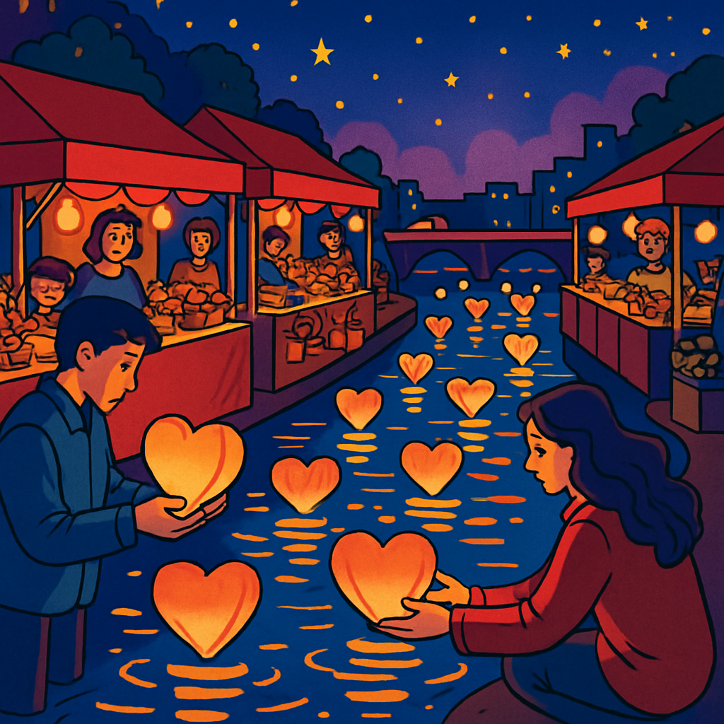 Valentines Day Night Market Lantern River Number painting