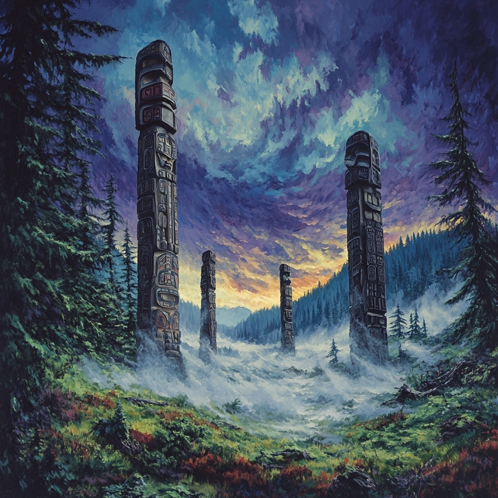 Emily Carr Inspired Stormlit Totem Grove In Coastal Mist Paint by numbers kits