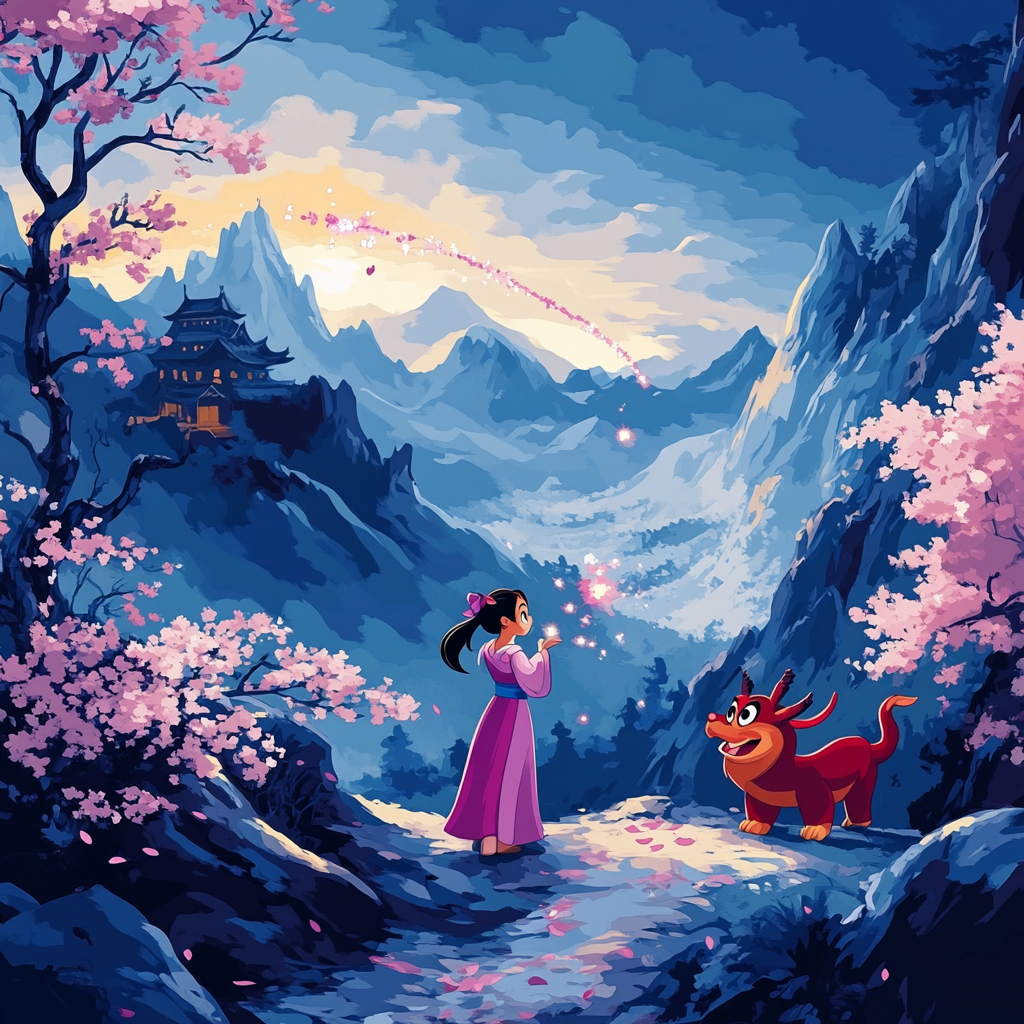 Mulan And Mushu Mountain Sky Spark Trail paint by color