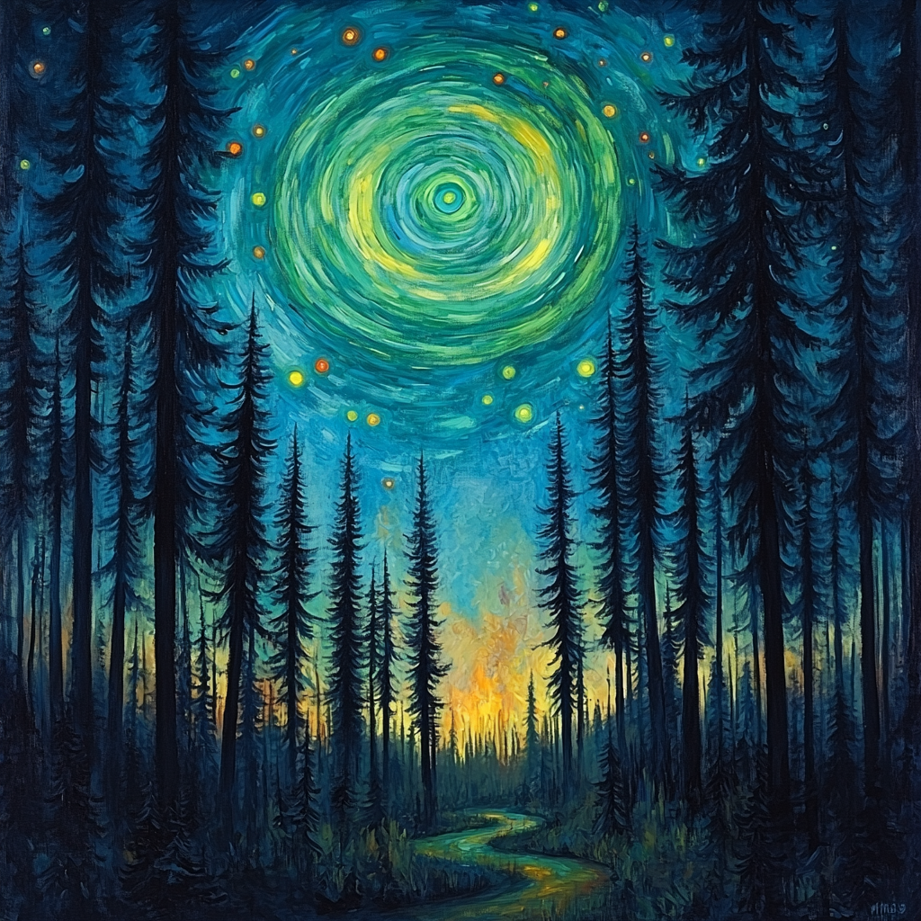 Edvard Munch Inspired Aurora Spiral Over Breathless Pines paint by color