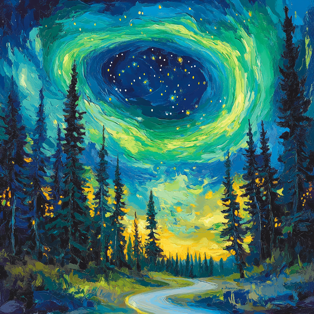 Van Gogh Inspired Aurora Over Pine Forest paint by color