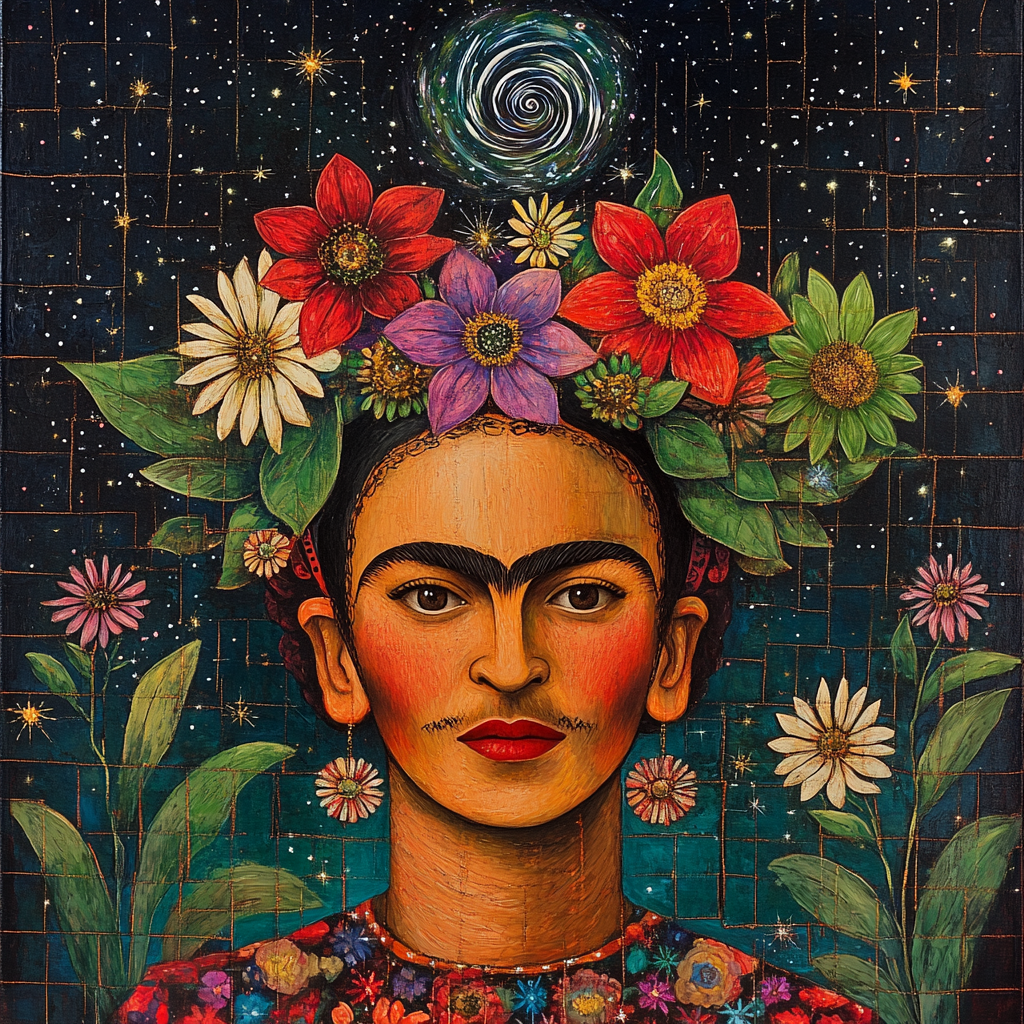 Frida Kahlo Inspired Portrait With Cosmic Flowers Paint by numbers kits