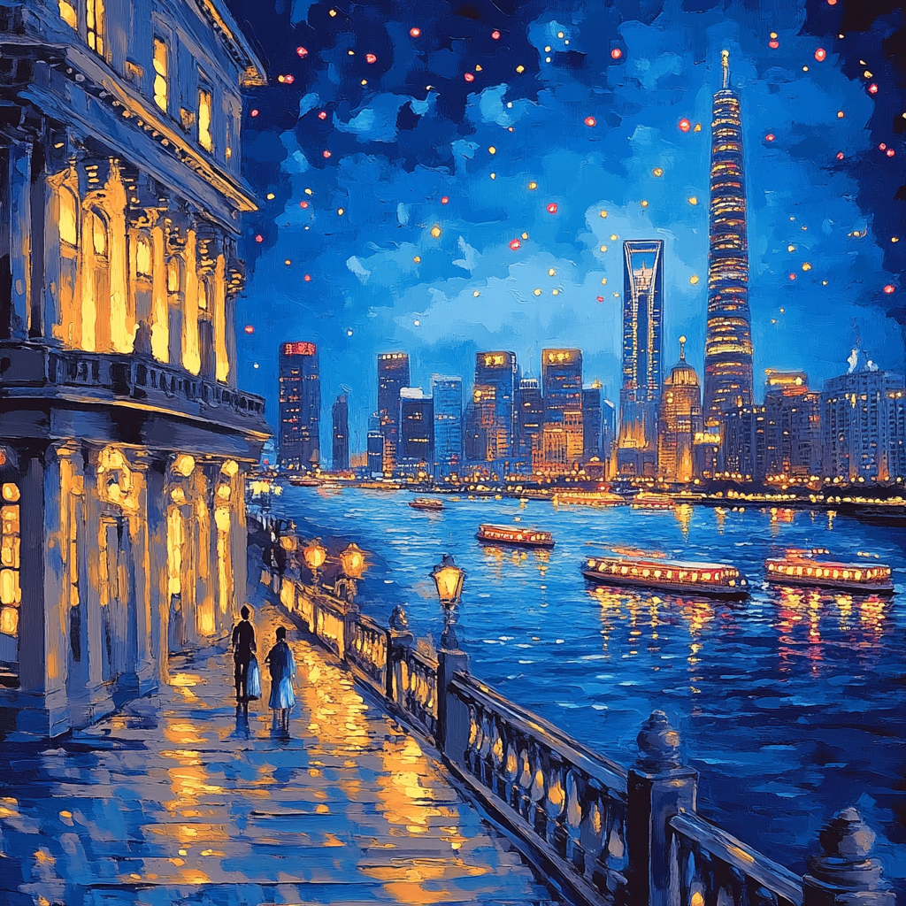 Night Skyline From The Bund Riverside Walk Shanghai China paint by number
