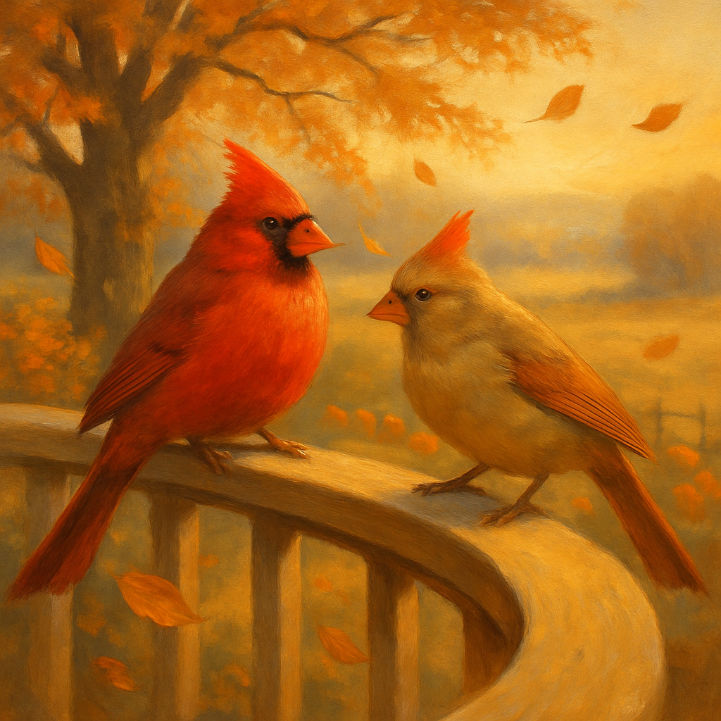 Autumn Porch Cardinals And Falling Leaves paint by numbers