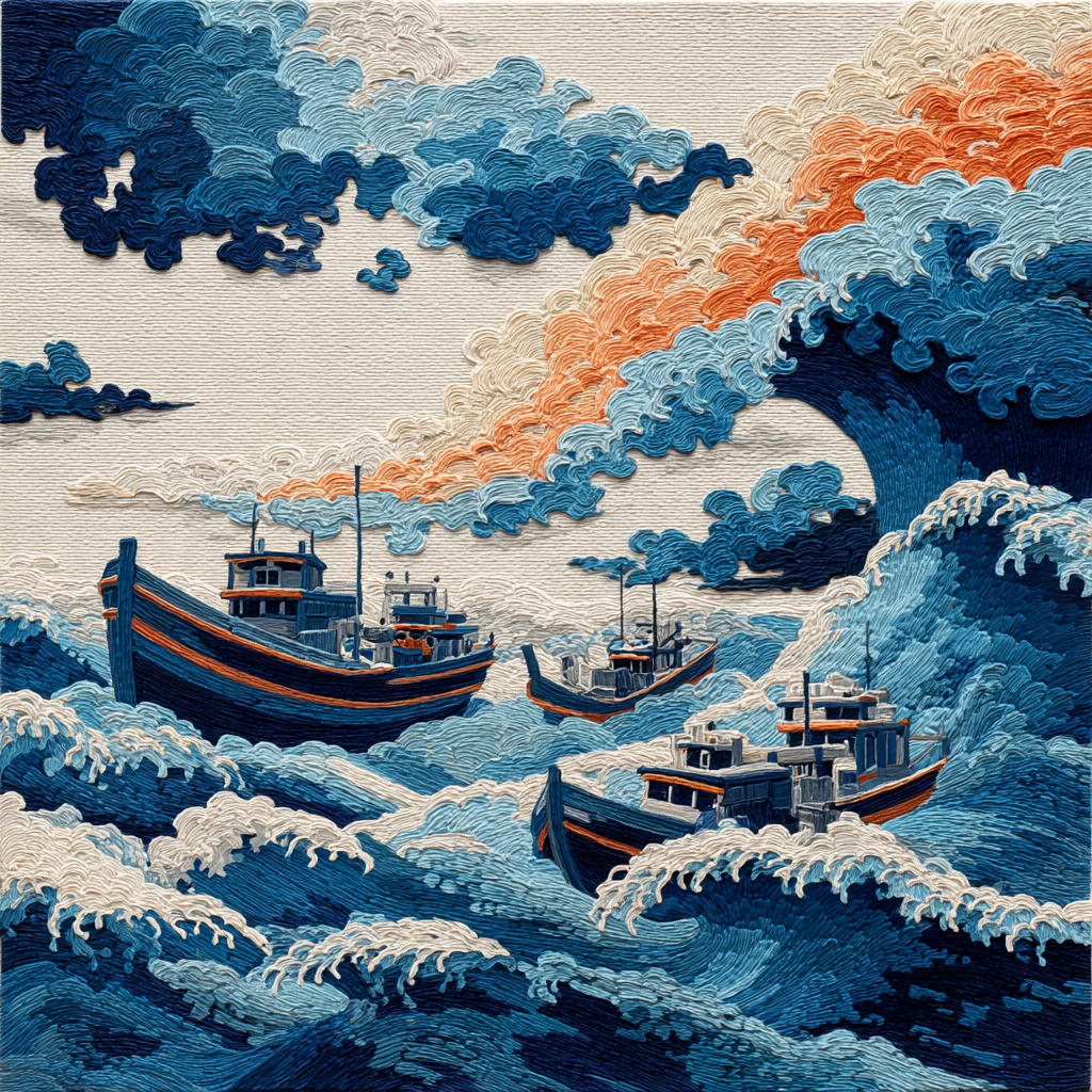 Hokusai Inspired Comet Over Fishing Boats paint by number