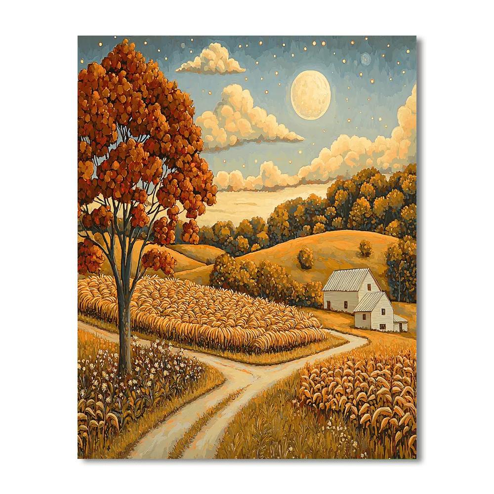 Grant Wood Inspired Bountiful Harvest Moon  Number Painting