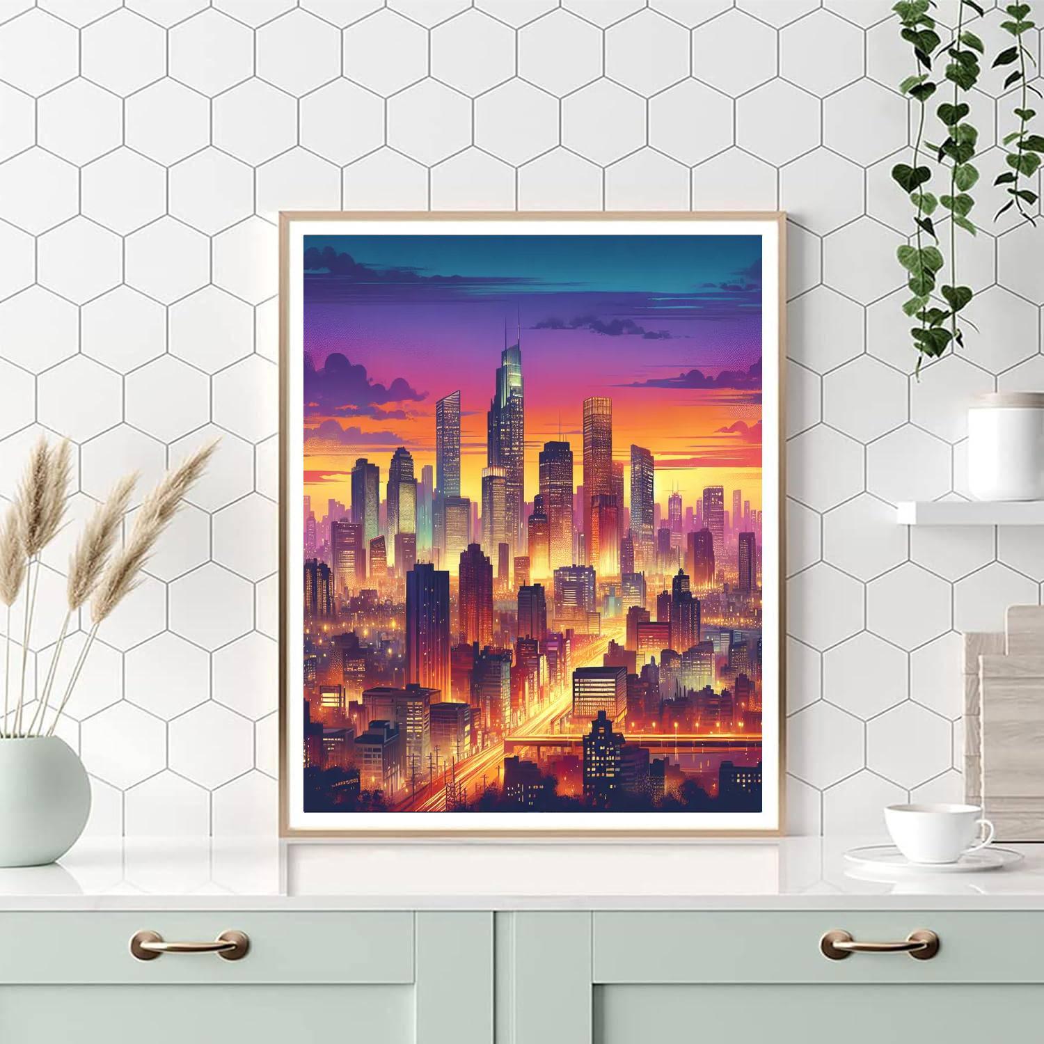 Glowing City Skyline At Dusk Number Painting