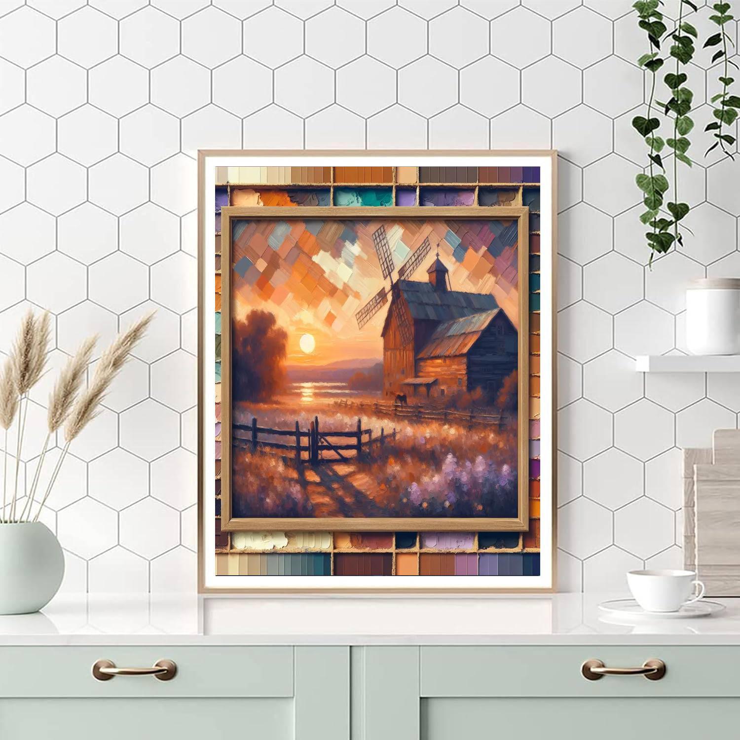 Rustic Barn And Windmill Evening Scene Paint By Numbers Art