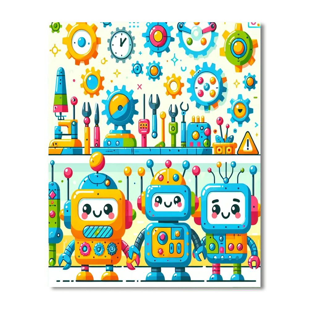 Cheerful Robot Workshop Paint By Numbers Art