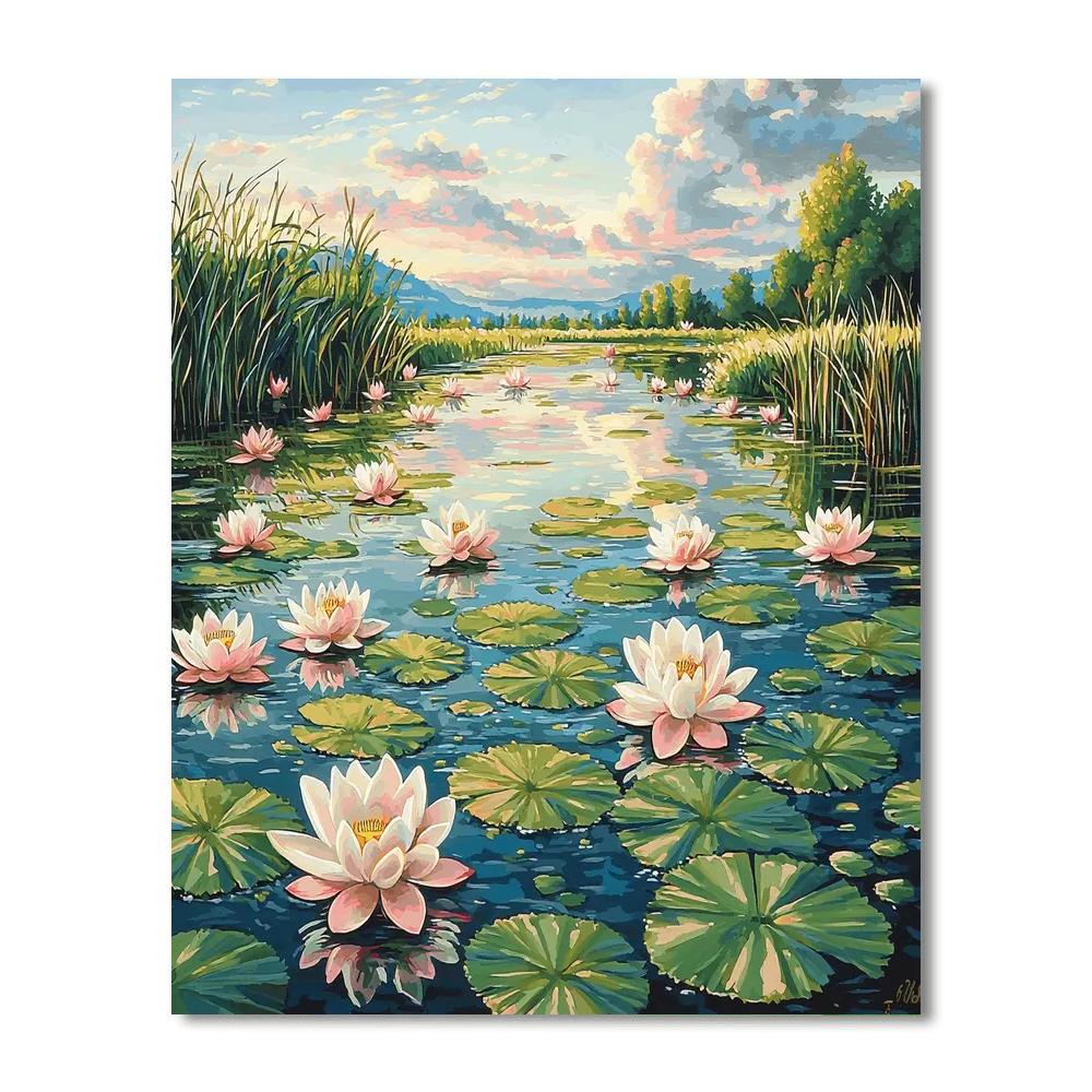 Utagawa Hiroshige Inspired Reflections Of A Calm Lotus Pond  Painting By Numbers Kit