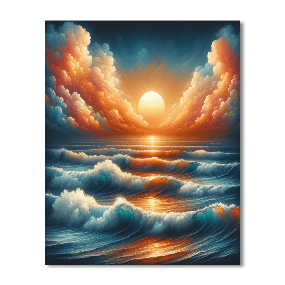 Vibrant Sunset Over Ocean Waves Number Painting