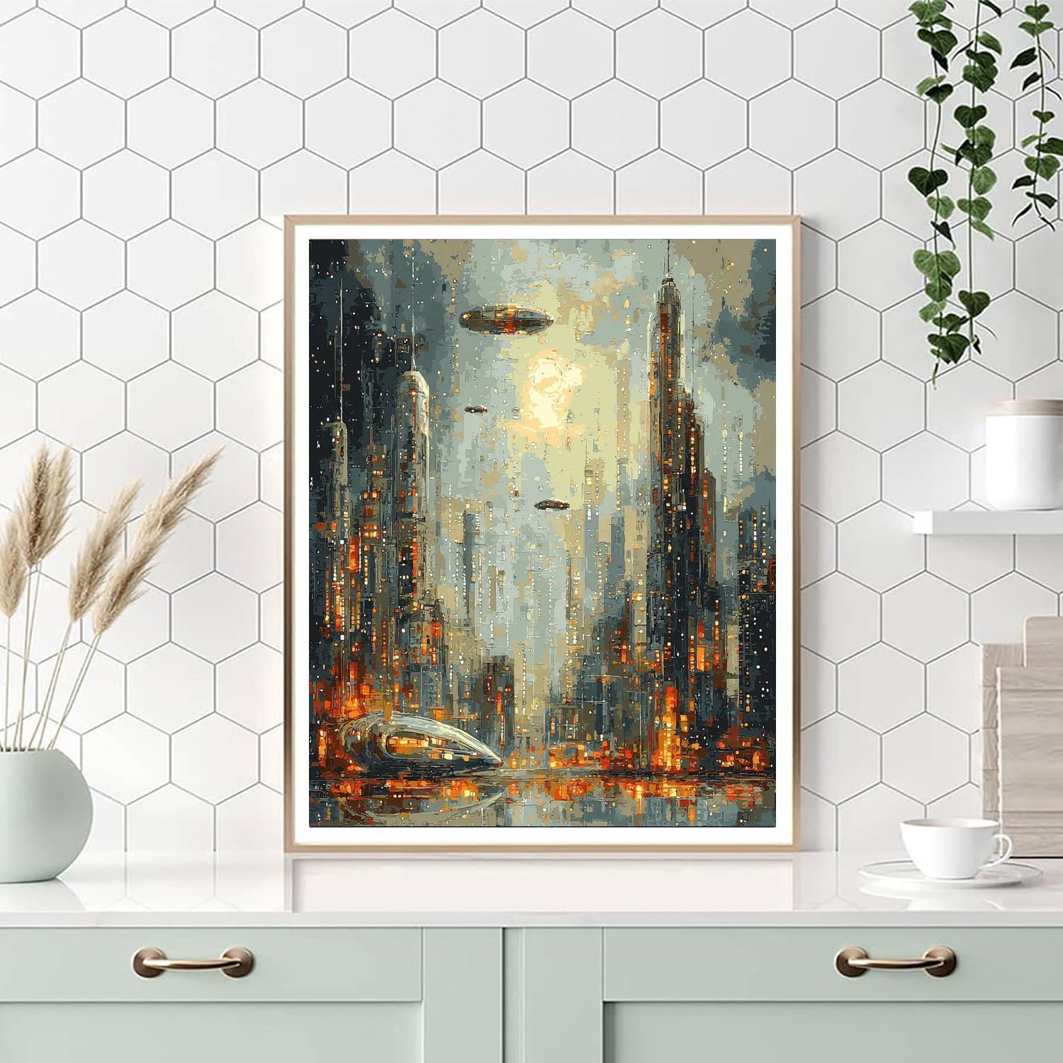 Pieter Bruegel Inspired Futuristic Metropolis Glimmer  Number Painting