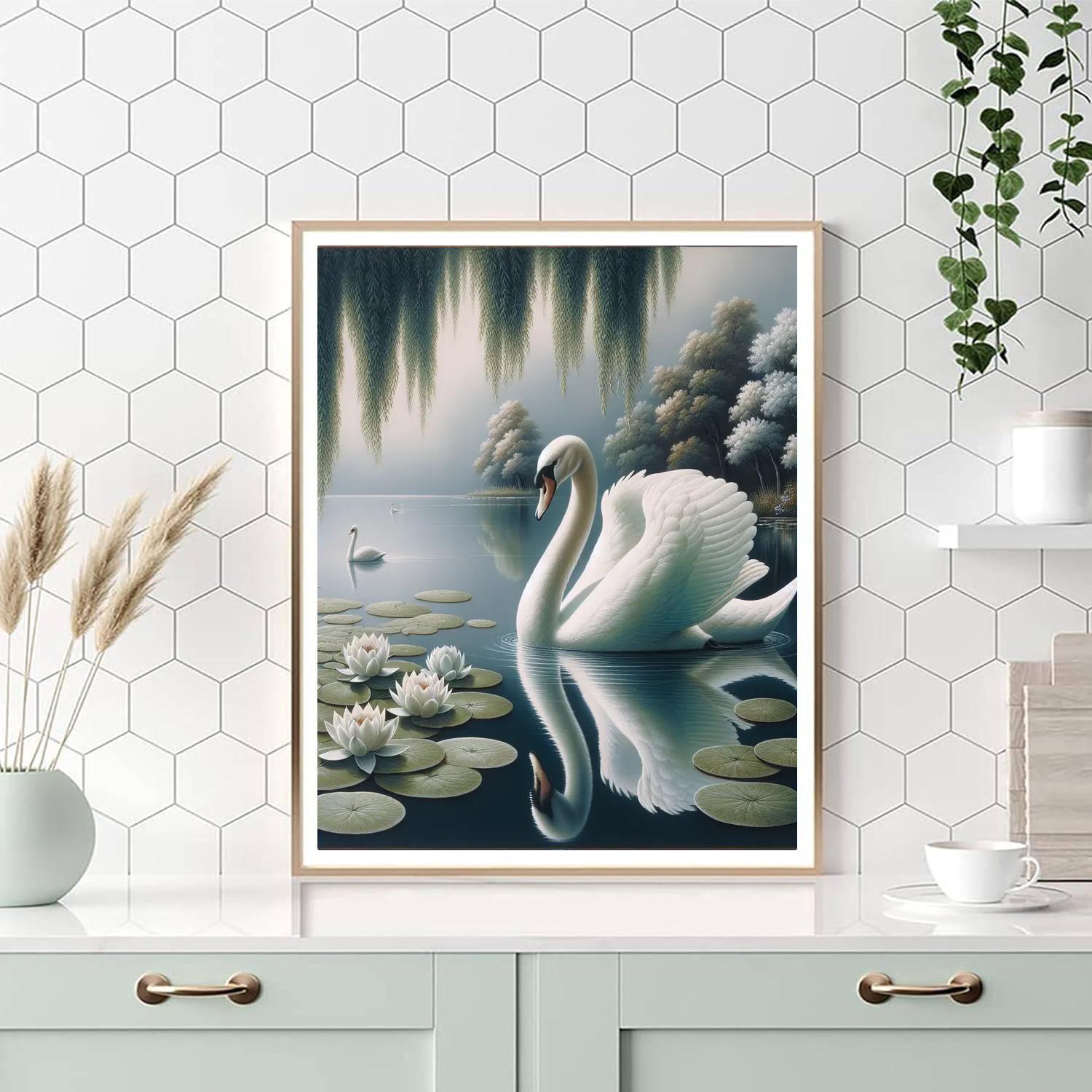 Elegant Swan Lake Reflection Painting Number Kit