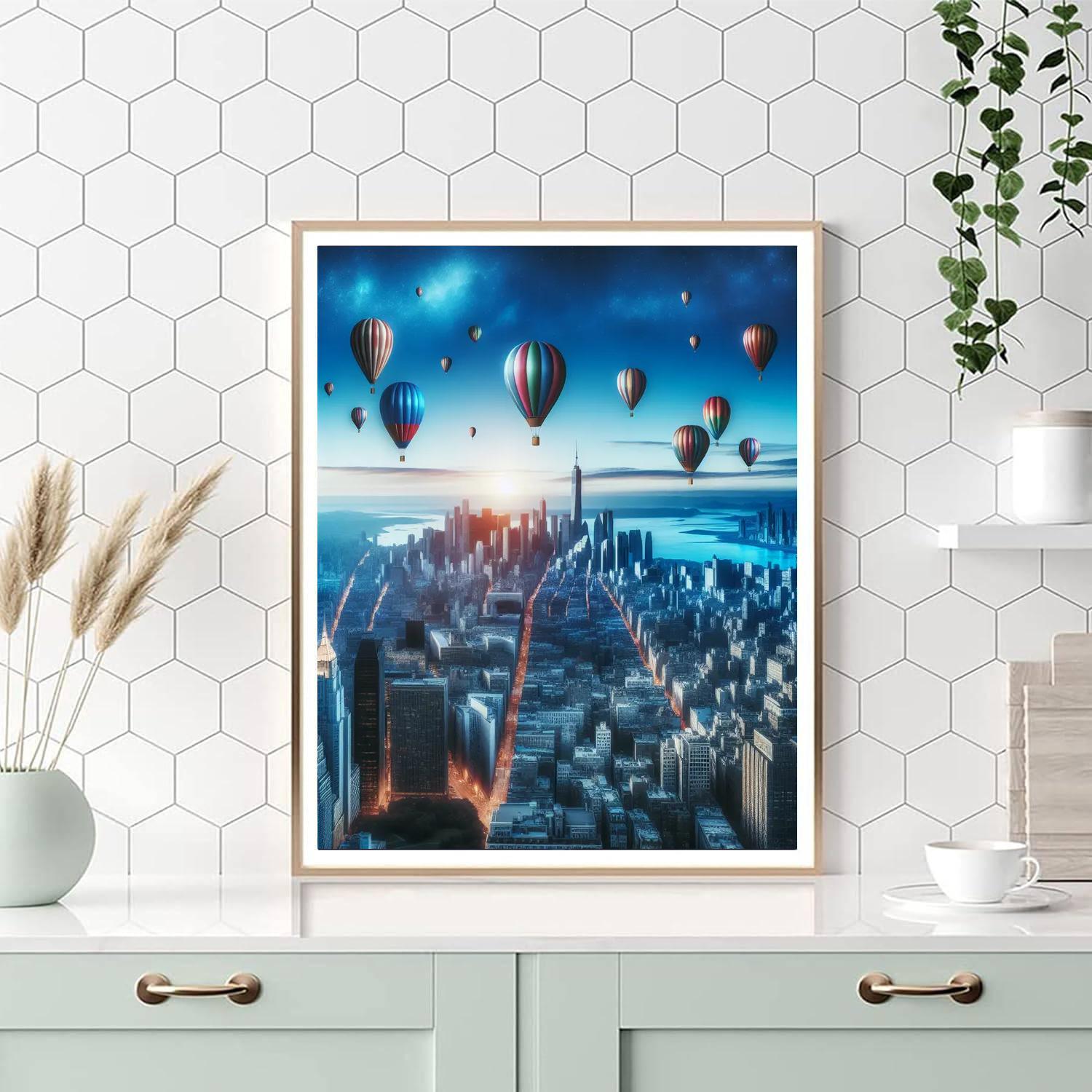 Floating Balloons Over Cityscape Painting By Numbers Kit