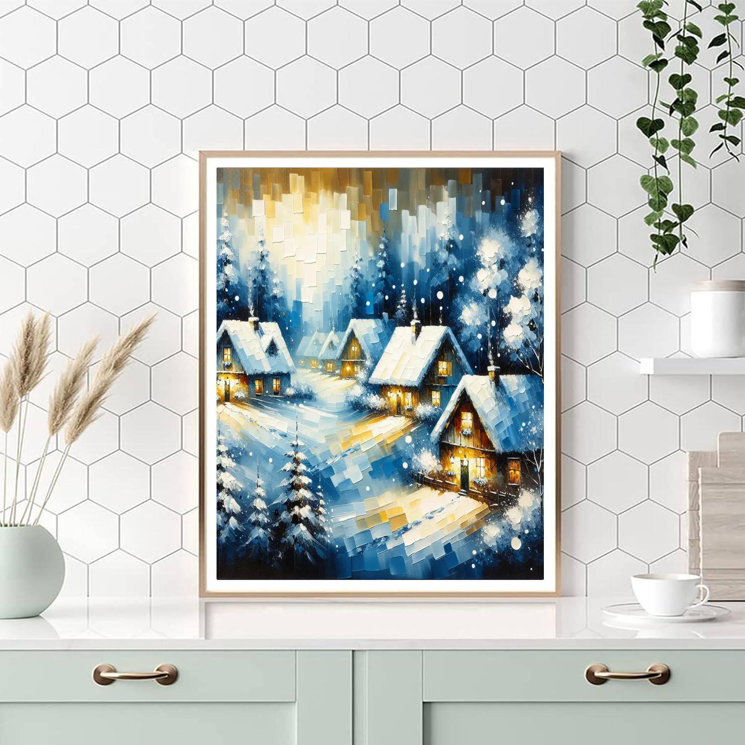 Winter Village In Snow Painting By Numbers Kit