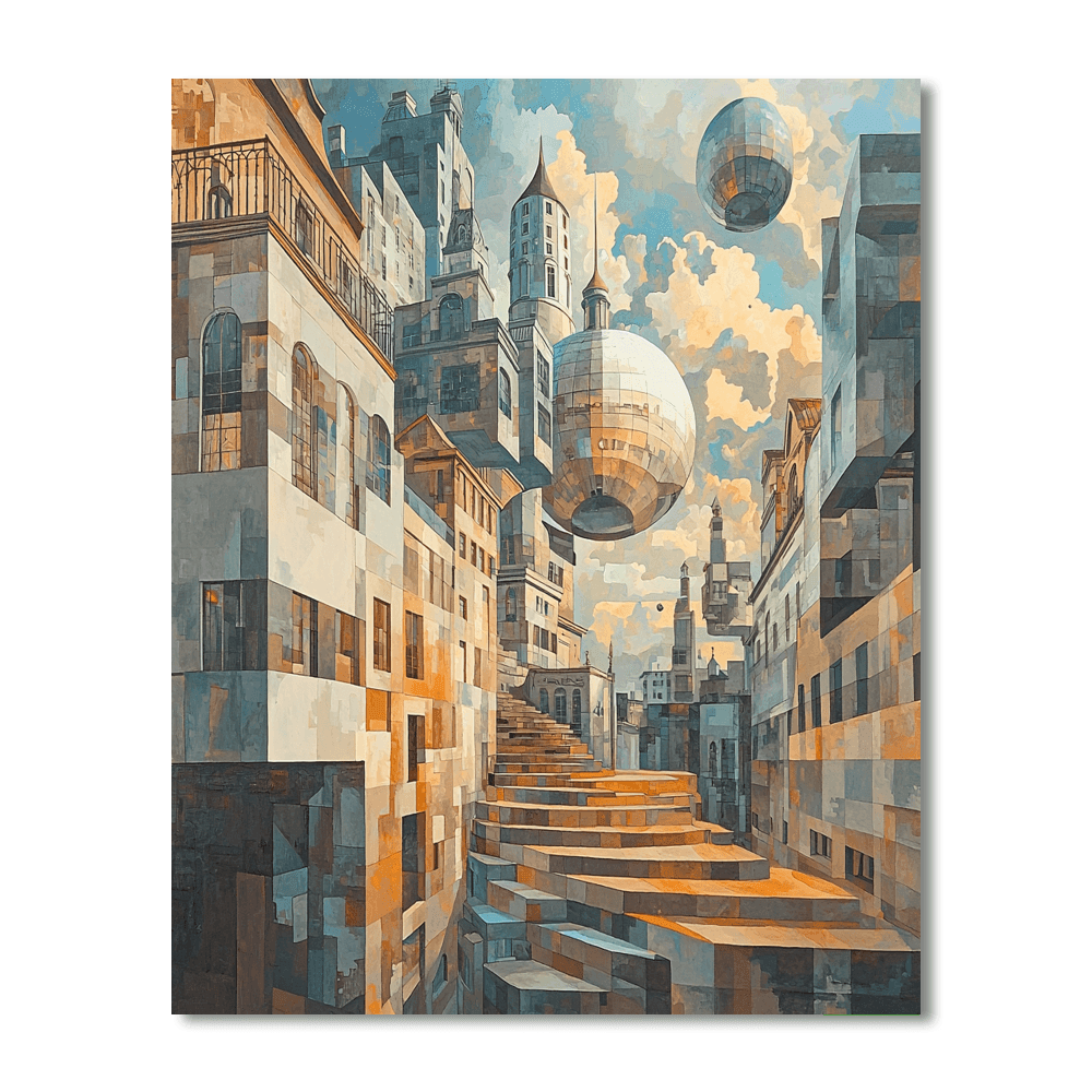 René Magritte Inspired Dreamscape Metropolis  Painting By Numbers KitRené Magritte Inspired Dreamscape Metropolis - DIY Painting By Numbers Kit - Image 4
