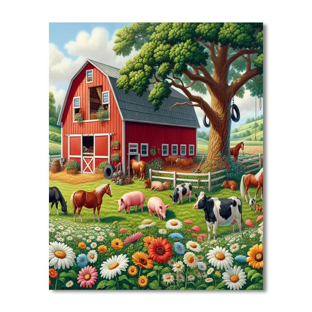 Colorful Farmyard Scene Number Painting