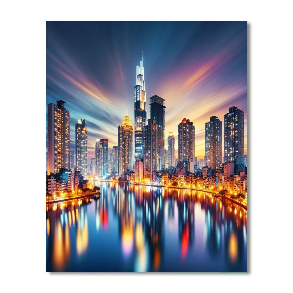 Bustling Cityscape Reflection Painting Number Kit