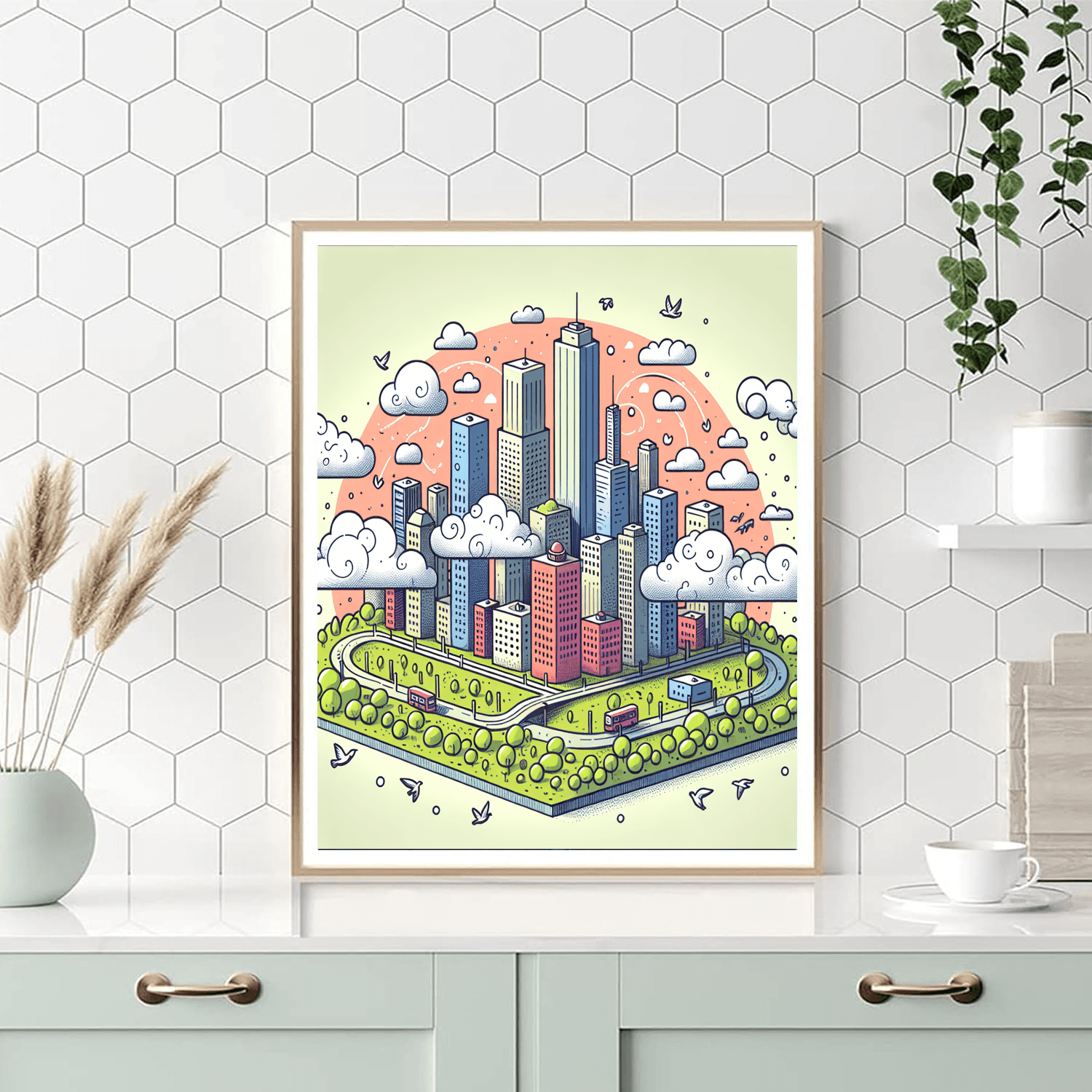 Floating Cloud City With Friendly Birds Paint By Number