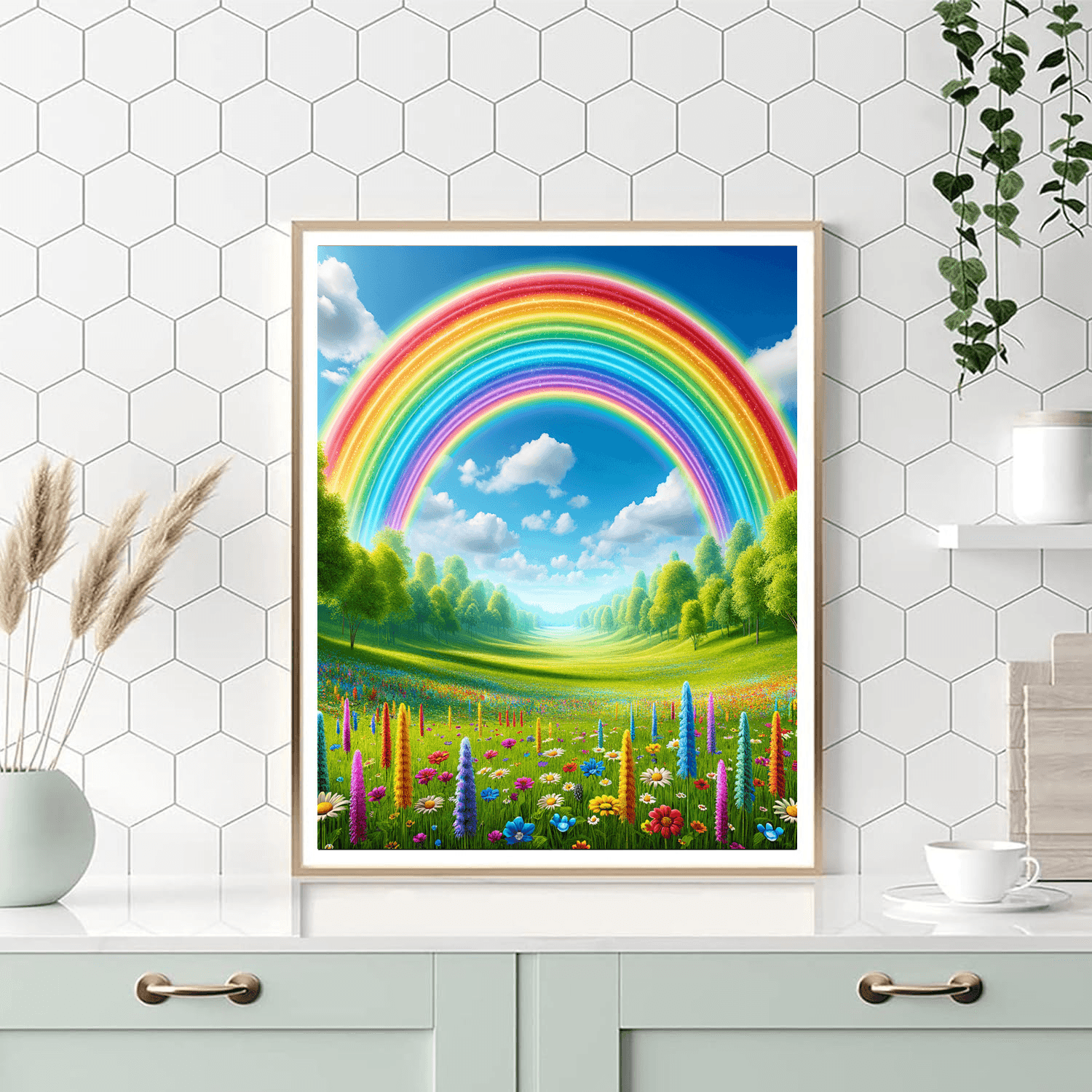 Bright Rainbow Over Meadows Number Painting