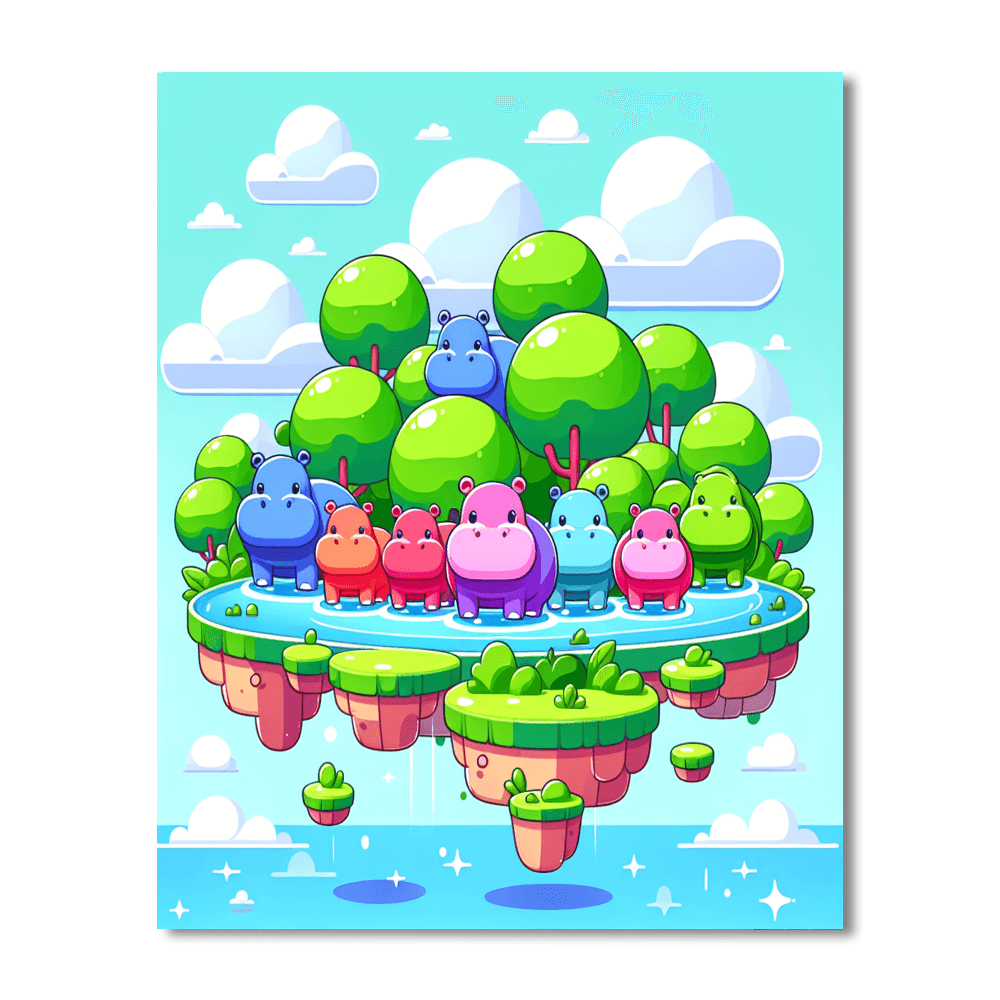 Floating Islands With Friendly Hippos Paint By Number