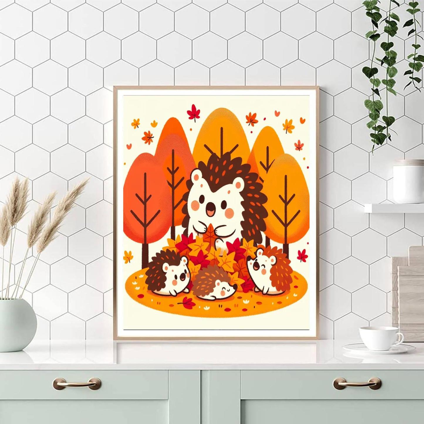 Happy Hedgehogs In Autumn Painting Number Kit