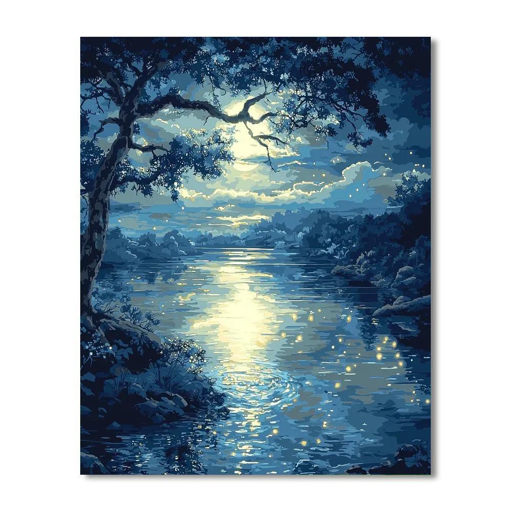 Hiroshige Inspired Reflections Of The Moonlit River  Paint By Color