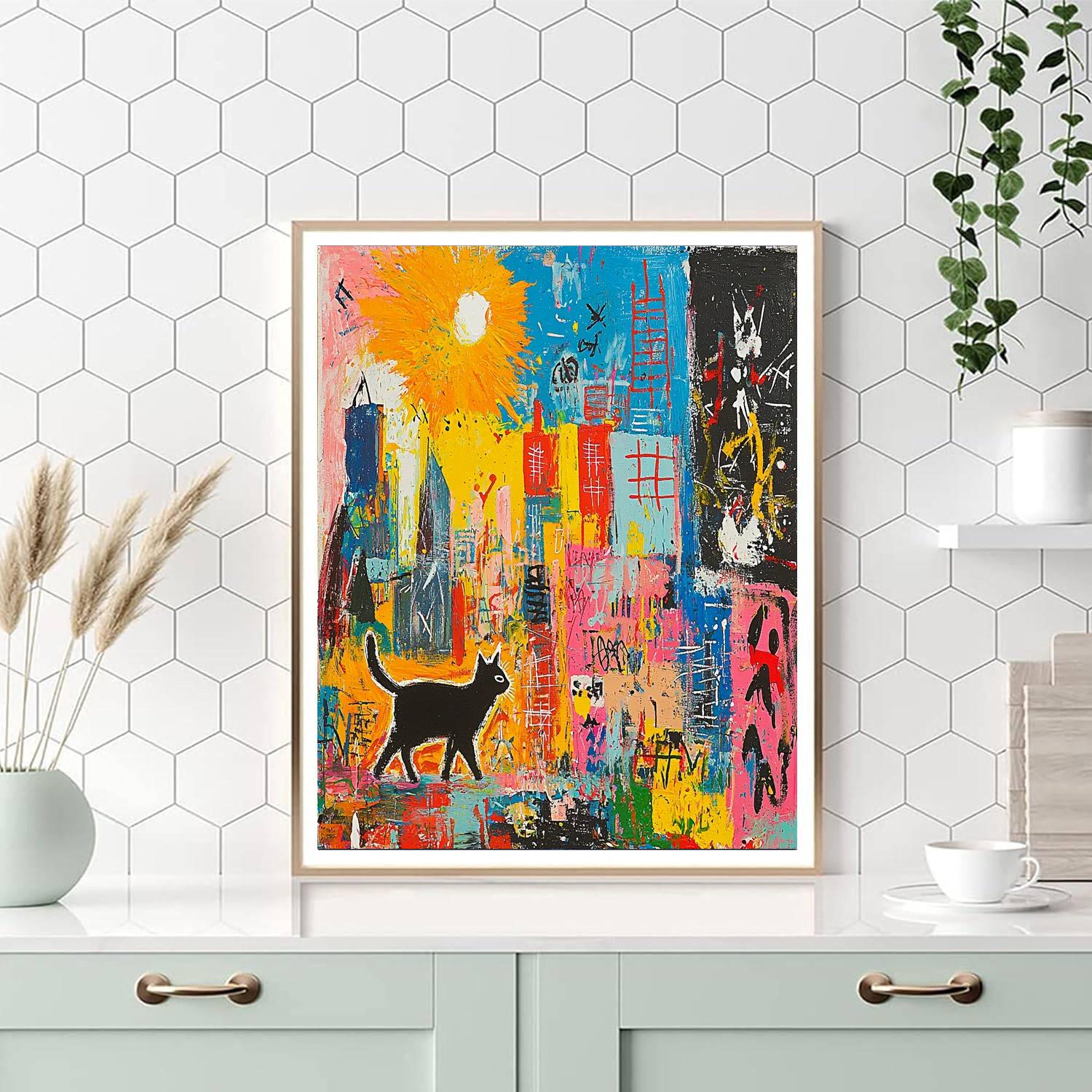 Jean-Michel Basquiat Inspired Whimsical Cat Stroll  Paint By Number