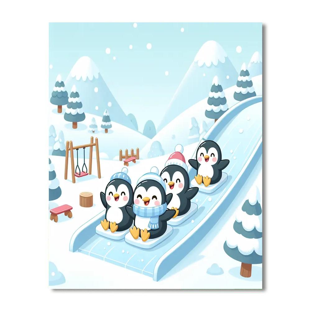 Penguin Ice Slide Paint By Numbers Art