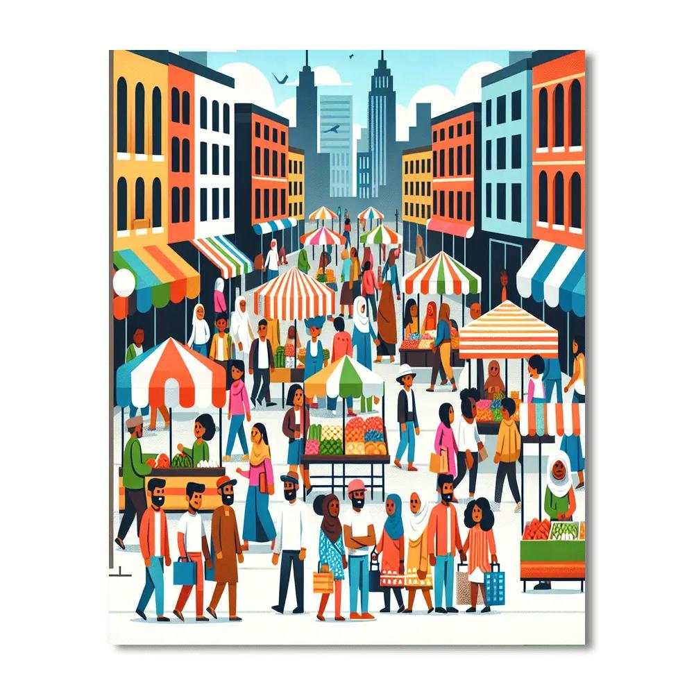 Busy Urban Street Market Paint By Numbers Art
