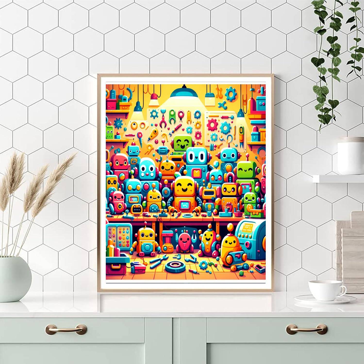 Cute Robot Workshop Paint By Numbers Art