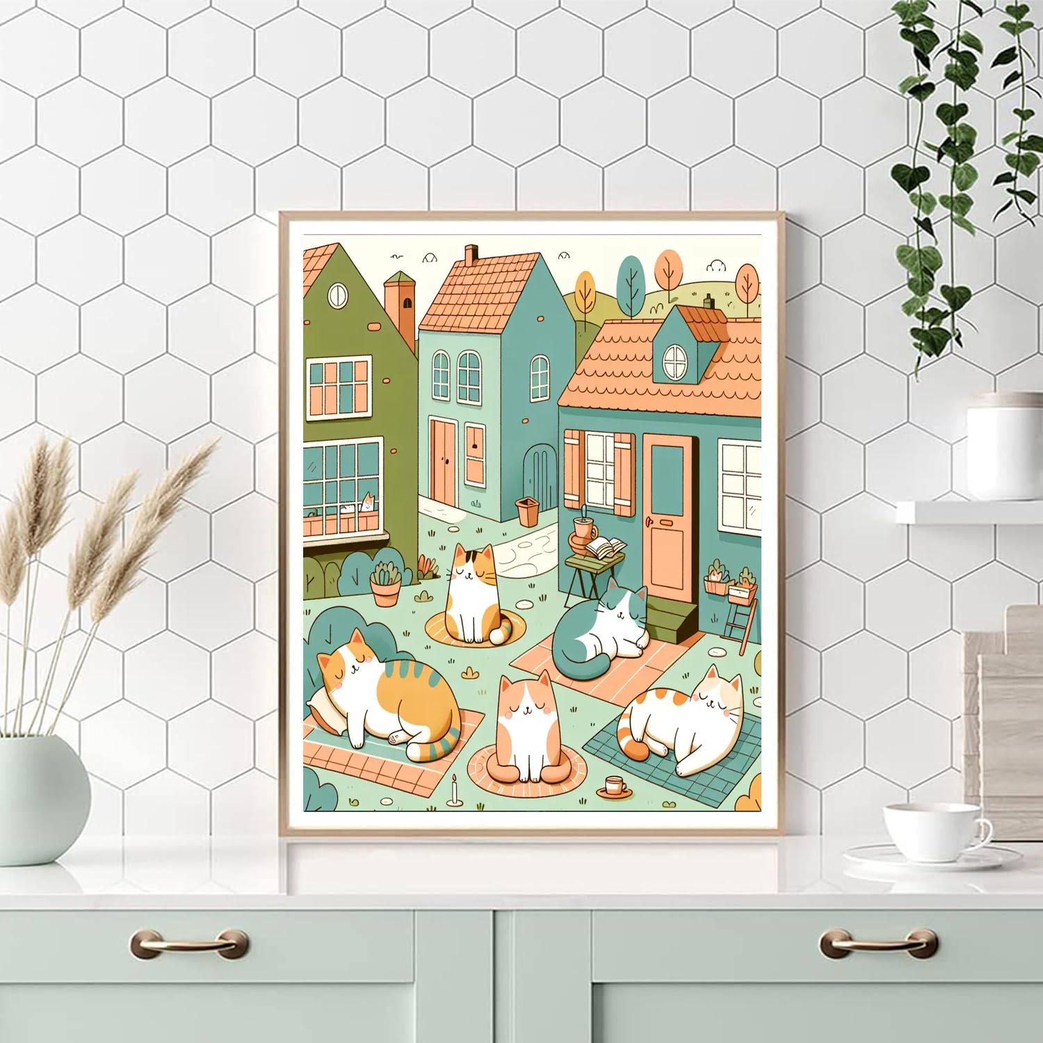 Charming Catnap Village Paint By Numbers Art