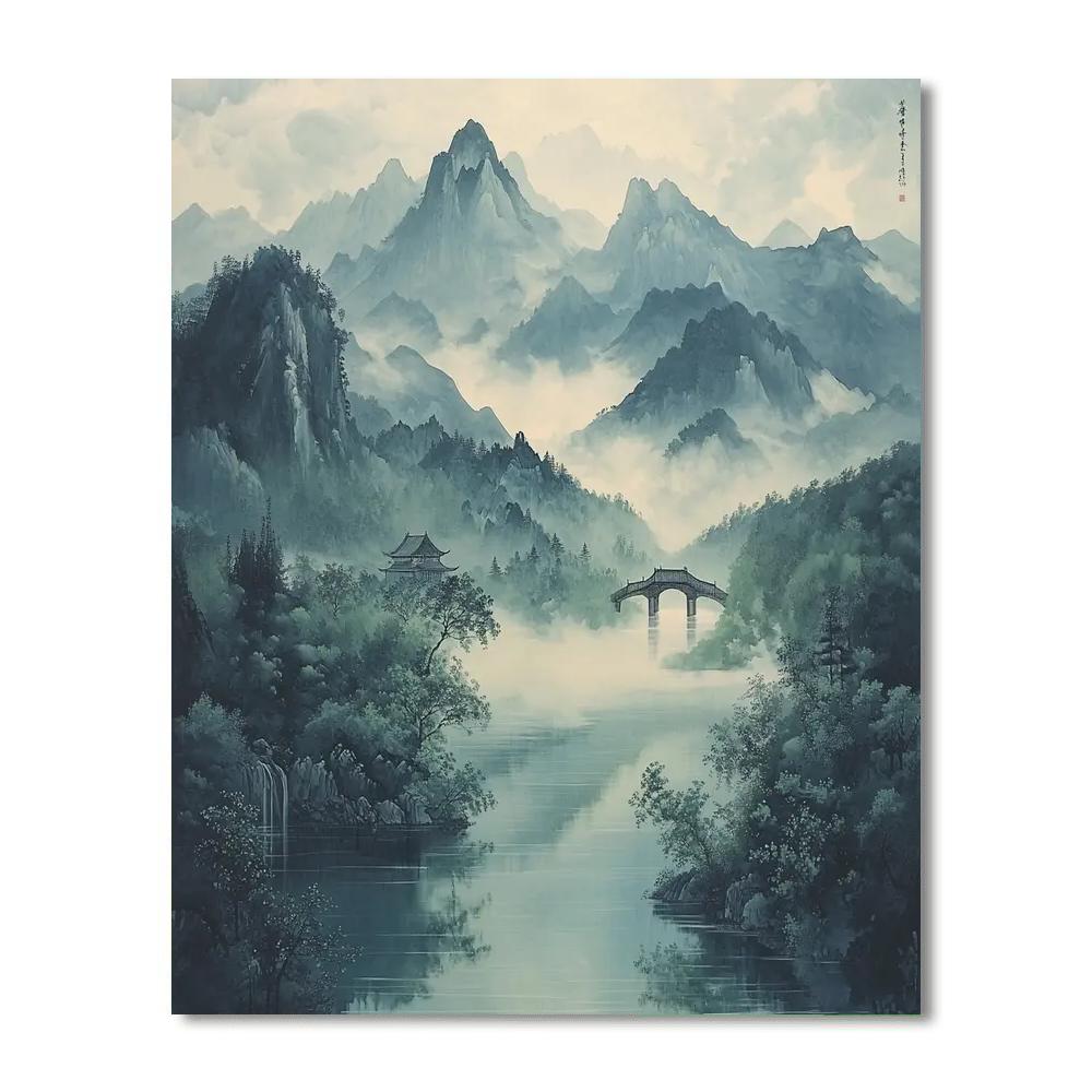 Zhao Mengfu Inspired Serene Mountain Mist  Numbered Painting Kits