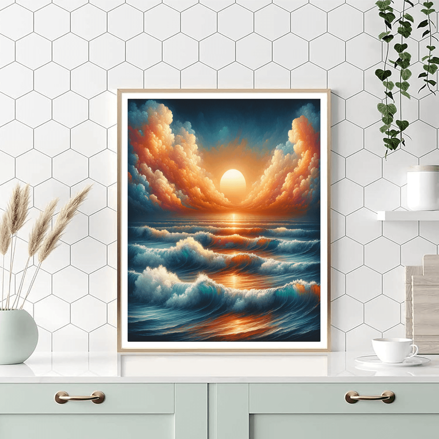 Vibrant Sunset Over Ocean Waves Number Painting
