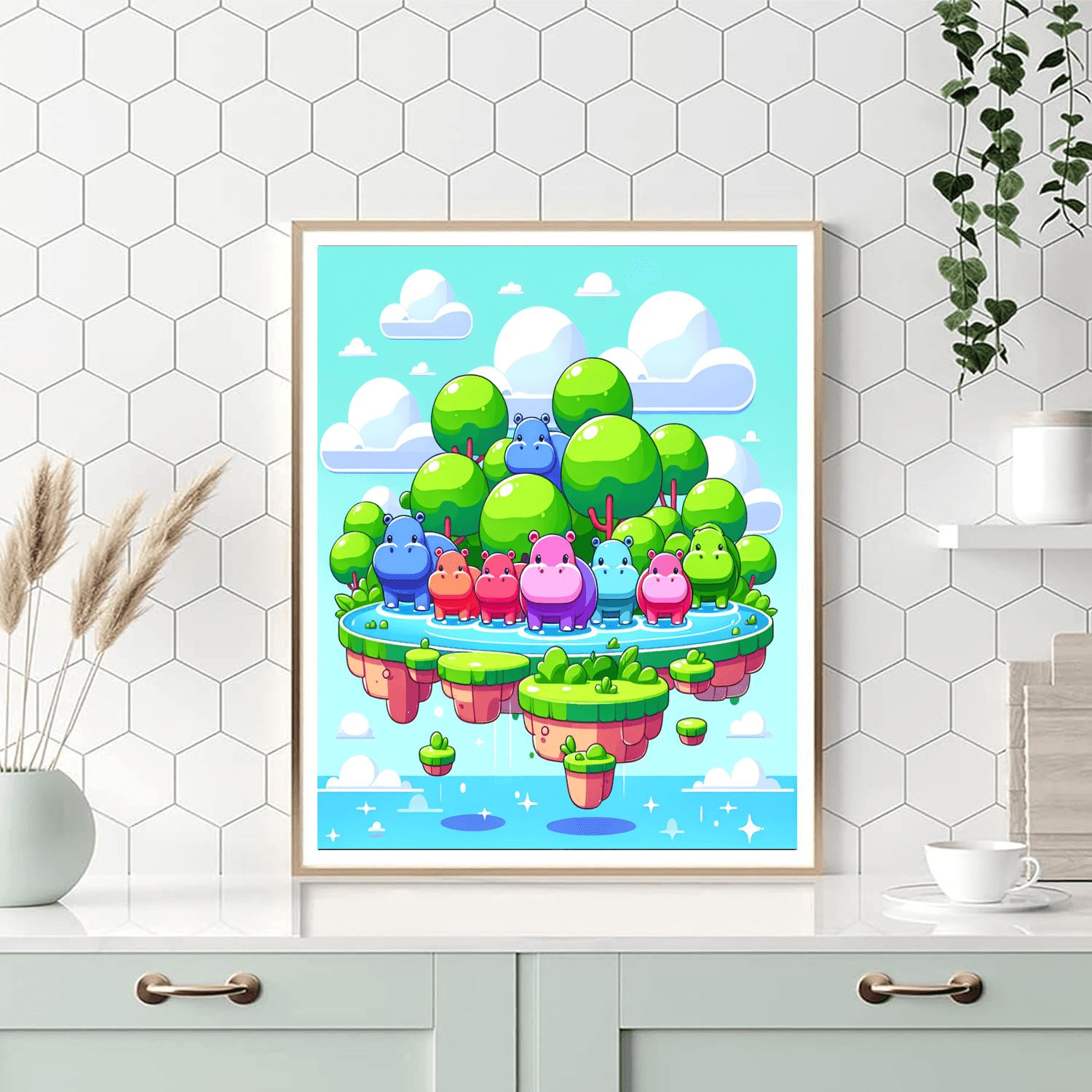 Floating Islands With Friendly Hippos Paint By Number