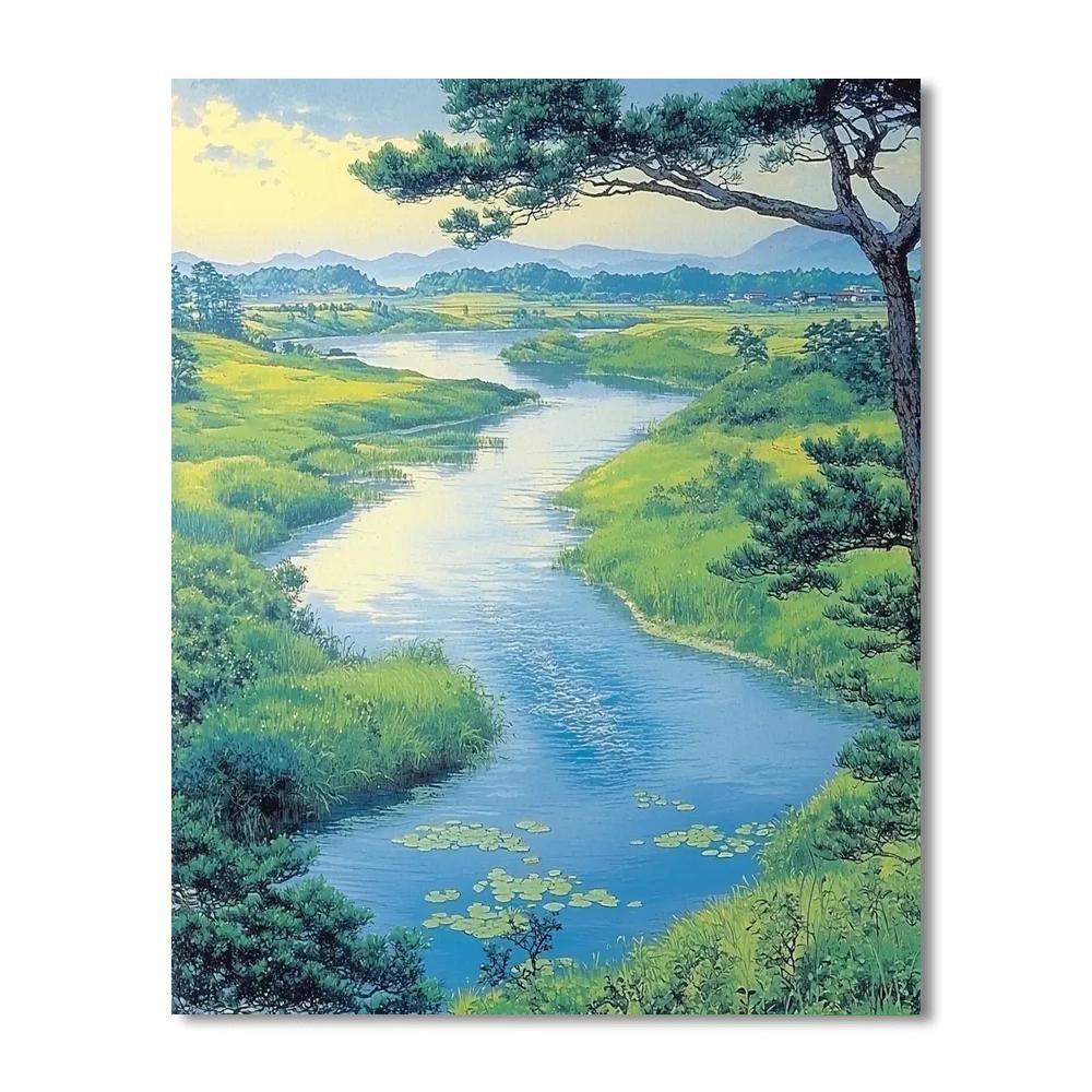 Utagawa Hiroshige Inspired Tranquil River's Embrace  Number Painting