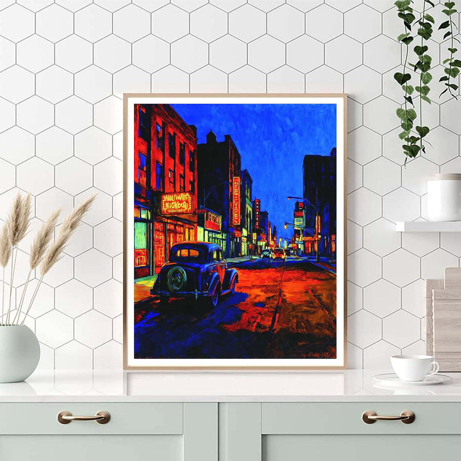 Edward Hopper Inspired Neon City Pulse  Number Painting