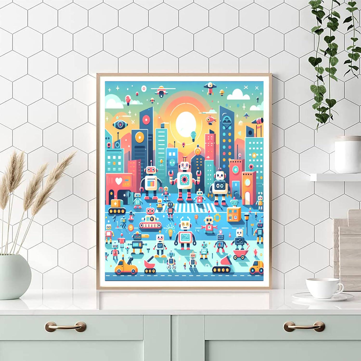 Colorful Robot City Paint By Numbers Art