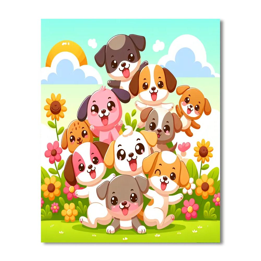 Cuddly Pups Playing Numbered Painting Kits