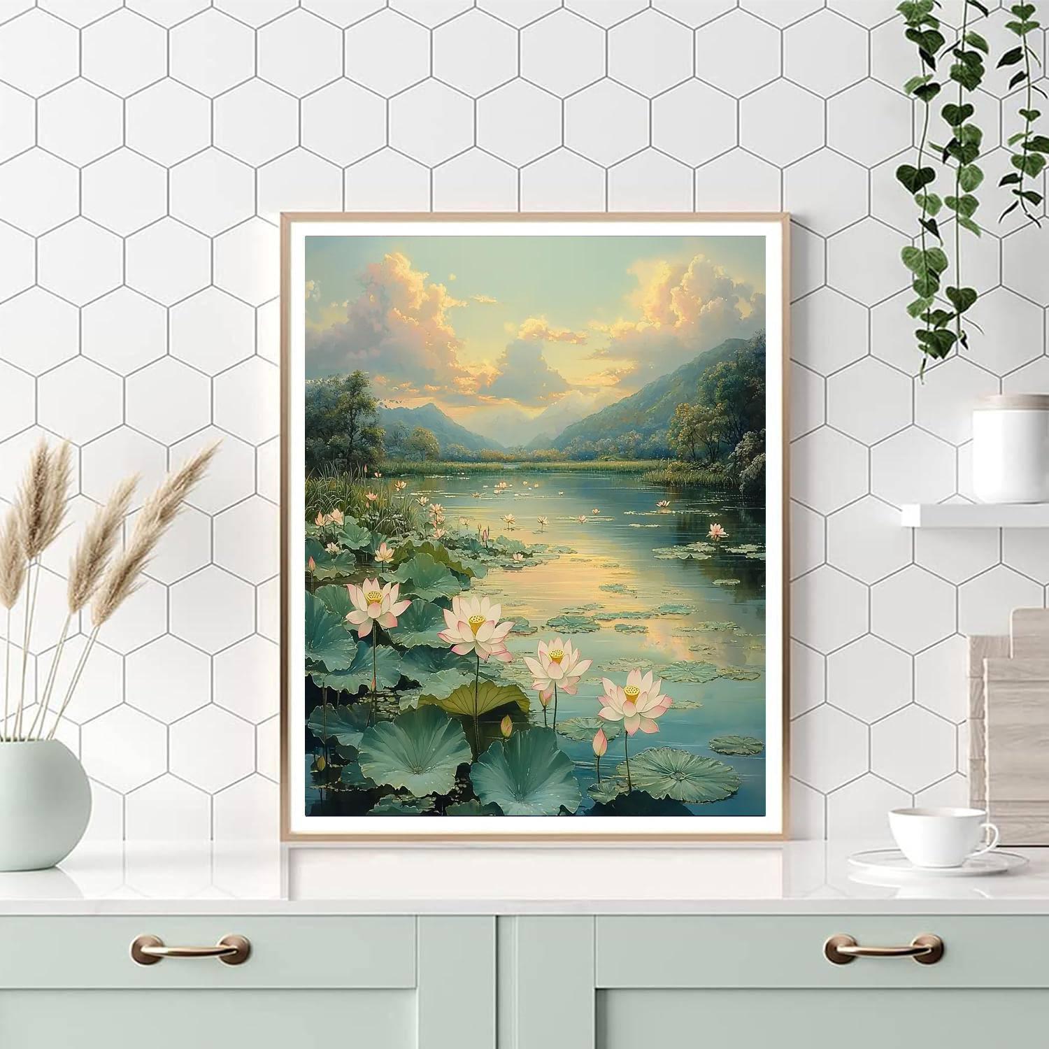 Utagawa Hiroshige Inspired Lotus Bloom Under Soft Skies  Painting By Numbers Kit