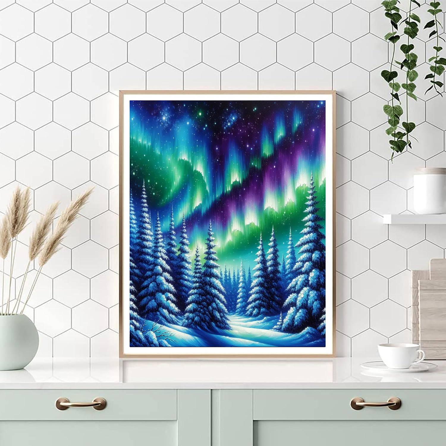 Aurora Borealis Over Snowy Pines Number Painting