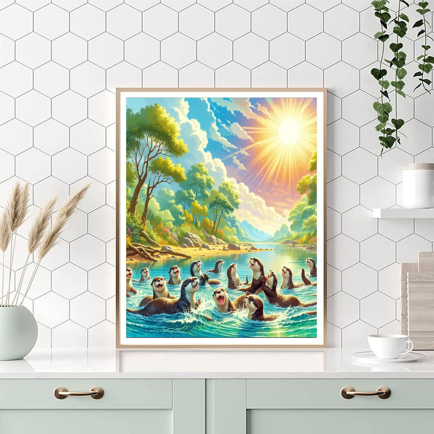 Playful Otters In River Scene Painting Number Kit